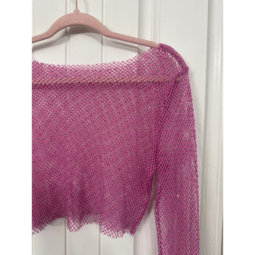Pink Rhinestone Fishnet Mesh Crop Top Long Sleeve Medium Festival Rave Retro - Picture 4 of 6